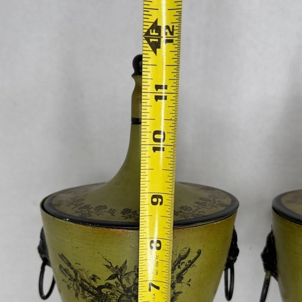 Mid Century Italian Olive Tole Urns Pair Signed